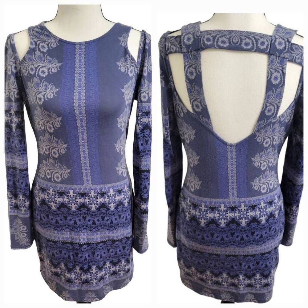 Free People Intimately  Cold Shoulder Open Back Long sleeve Blue Mini Dress Sz S